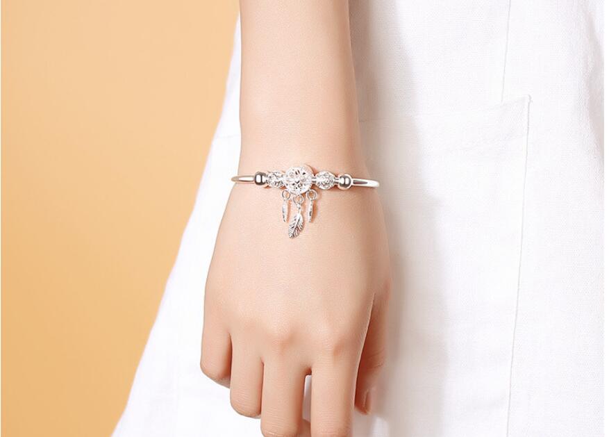 Adjustable Silver Color Dreamcatcher Tassel Feather Round Bead Charm Bracelet &Bangle For Women Elegant Jewelry sl209