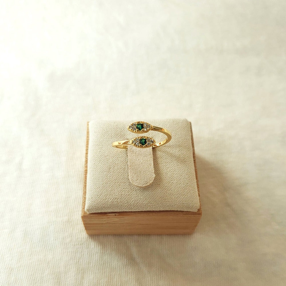 2021 New Hot Selling Gold Color Open Adjusted White Green Zirconia Paved Tiny Evil Eye Ring Girls Fashion Wrap Dainty CZ Jewelry
