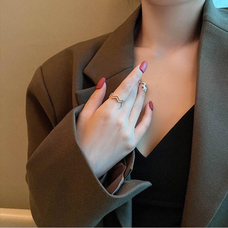 Design Feeling Double Wave Shape Zircon Gold Color Rings For Woman Luxury Korean Finger Jewelry Wedding Party Unusual Girls Ring
