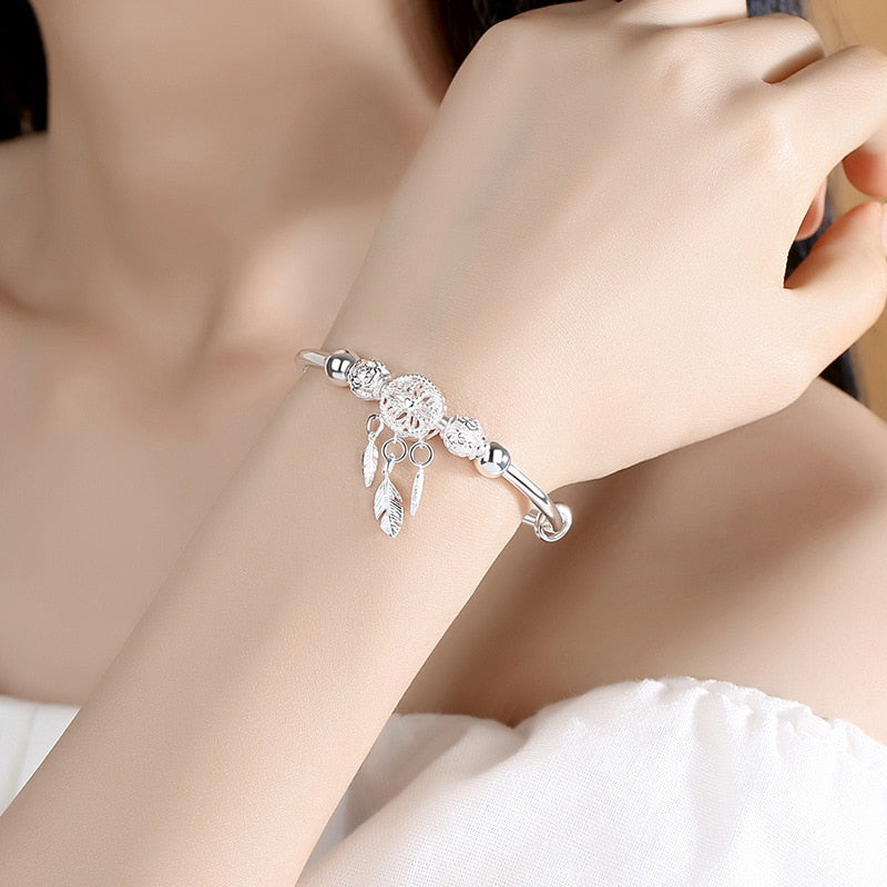 Adjustable Silver Color Dreamcatcher Tassel Feather Round Bead Charm Bracelet &Bangle For Women Elegant Jewelry sl209