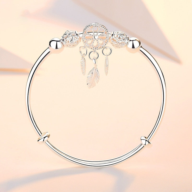 Adjustable Silver Color Dreamcatcher Tassel Feather Round Bead Charm Bracelet &Bangle For Women Elegant Jewelry sl209