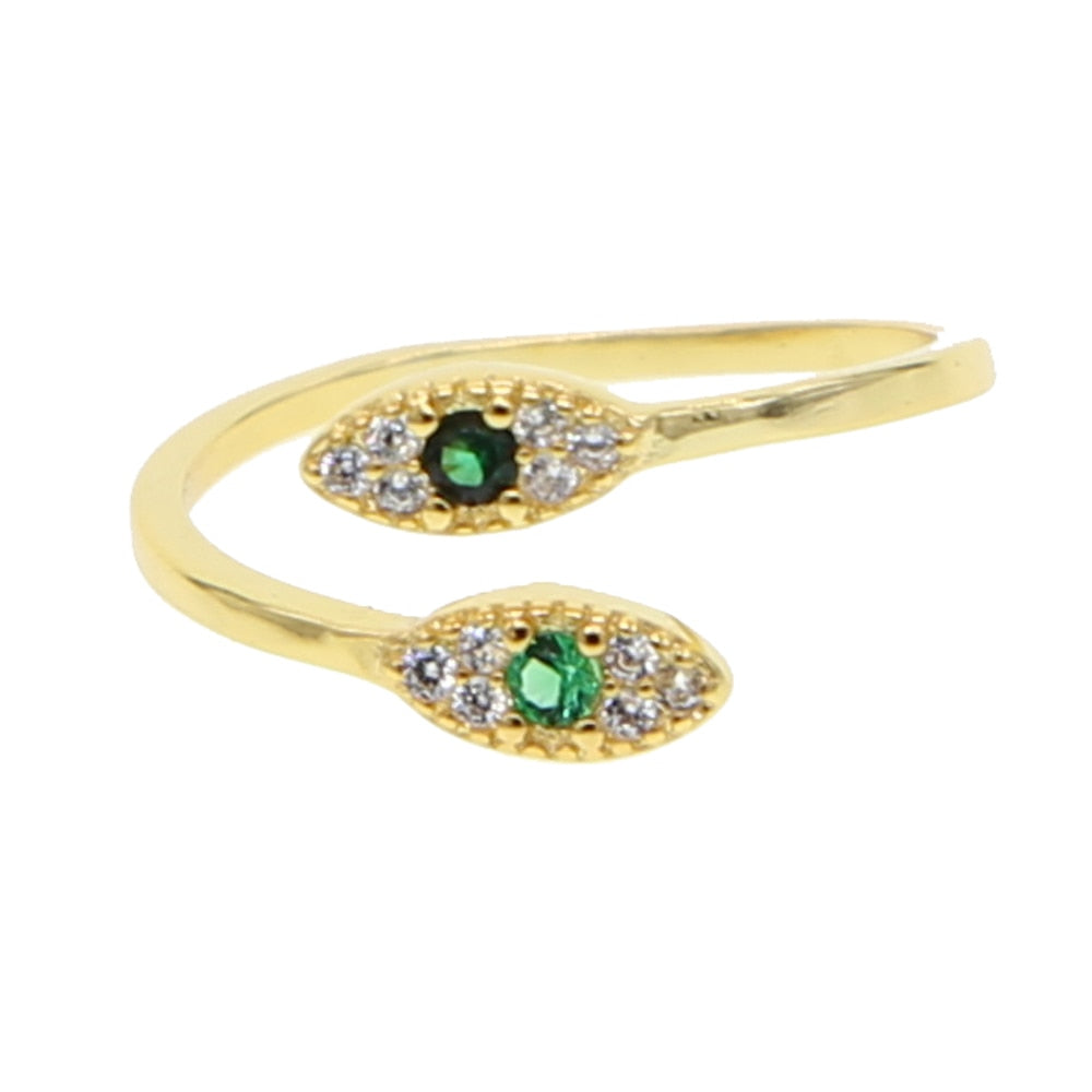 2021 New Hot Selling Gold Color Open Adjusted White Green Zirconia Paved Tiny Evil Eye Ring Girls Fashion Wrap Dainty CZ Jewelry