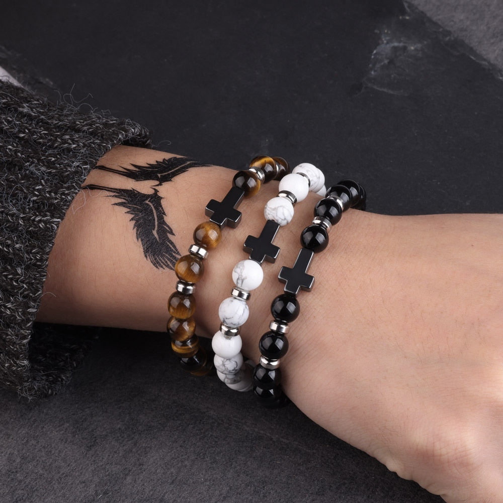 Natural Stone Hematite Stainless Steel Cross Bracelets Elastic Rope Map Lava Bead Bracelet For Men Women Charm Jewelry