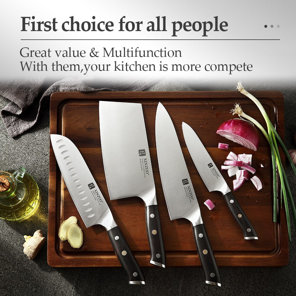 XINZUO 4PCS Chef Cleaver Santoku Utility Knives Set High Carbon Din 1.4116 Stainless Steel New Kitchen Knives with Ebony Handle