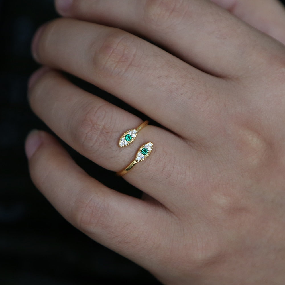 2021 New Hot Selling Gold Color Open Adjusted White Green Zirconia Paved Tiny Evil Eye Ring Girls Fashion Wrap Dainty CZ Jewelry