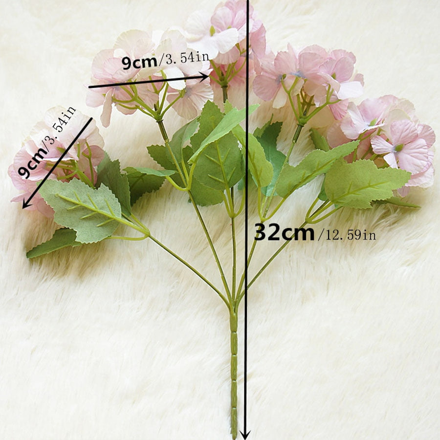 5 Head Hydrangea Artificial Flowers Bouquet White Small Silk Fake Flowers Floral Faux Flowers Blue Wedding Home Party Decoration