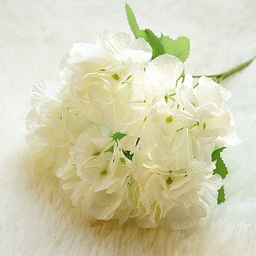5 Head Hydrangea Artificial Flowers Bouquet White Small Silk Fake Flowers Floral Faux Flowers Blue Wedding Home Party Decoration