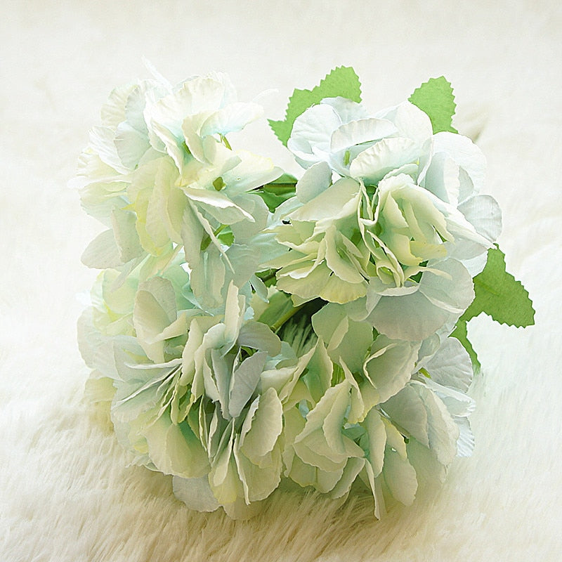 5 Head Hydrangea Artificial Flowers Bouquet White Small Silk Fake Flowers Floral Faux Flowers Blue Wedding Home Party Decoration