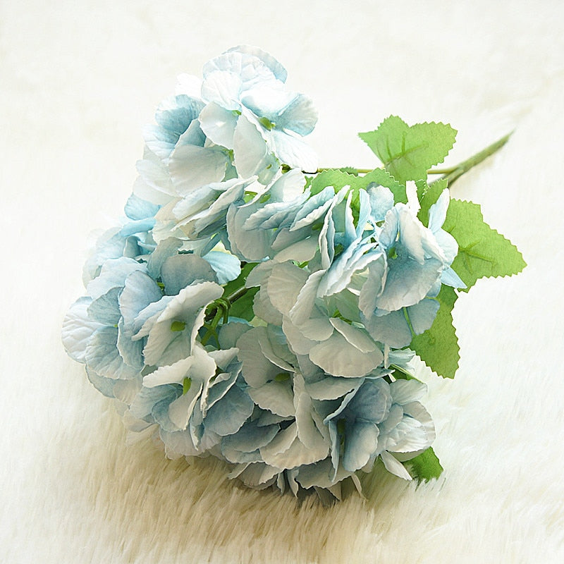 5 Head Hydrangea Artificial Flowers Bouquet White Small Silk Fake Flowers Floral Faux Flowers Blue Wedding Home Party Decoration
