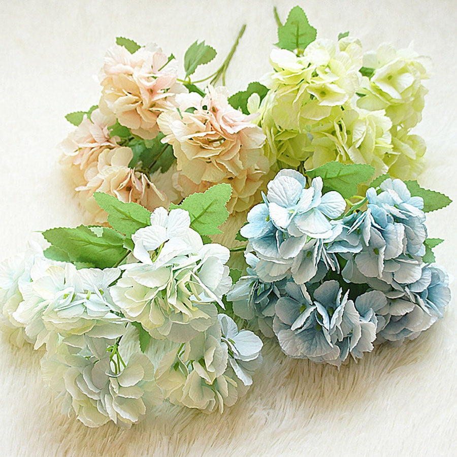 5 Head Hydrangea Artificial Flowers Bouquet White Small Silk Fake Flowers Floral Faux Flowers Blue Wedding Home Party Decoration