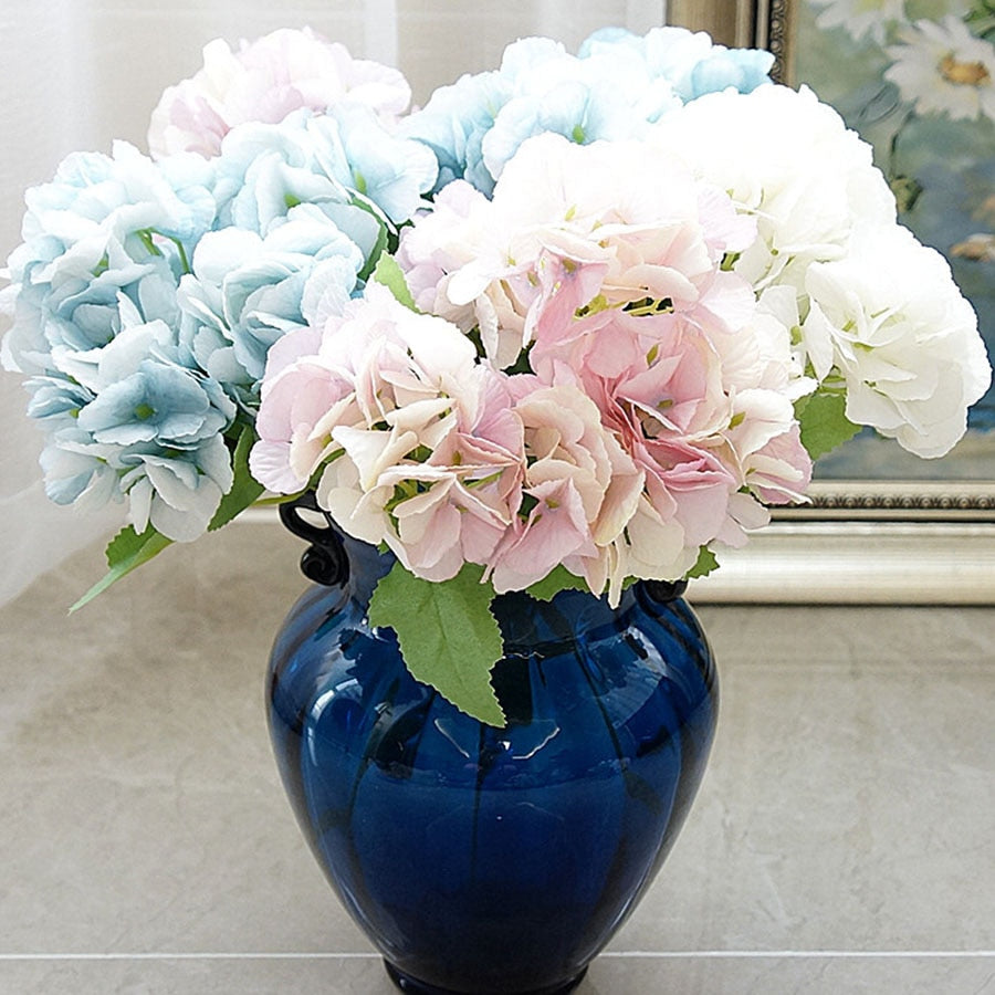 5 Head Hydrangea Artificial Flowers Bouquet White Small Silk Fake Flowers Floral Faux Flowers Blue Wedding Home Party Decoration