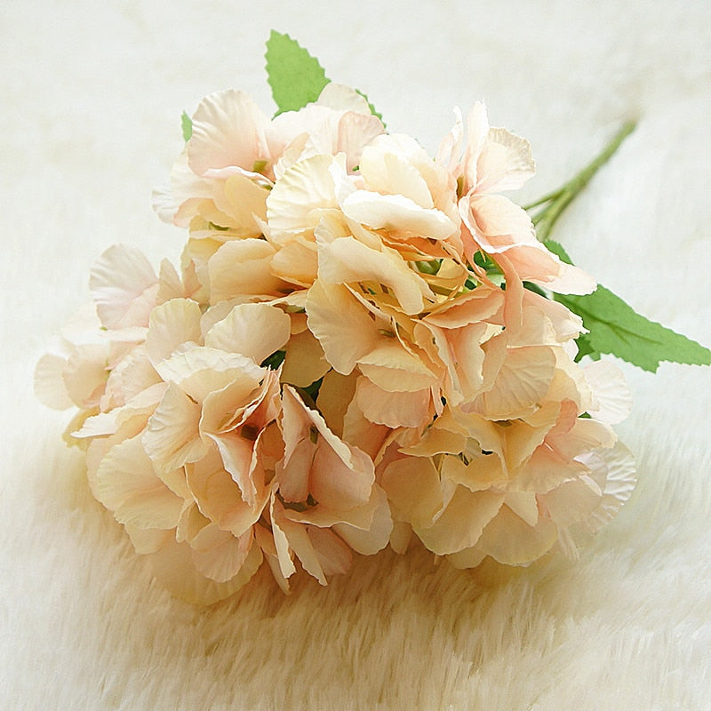 5 Head Hydrangea Artificial Flowers Bouquet White Small Silk Fake Flowers Floral Faux Flowers Blue Wedding Home Party Decoration