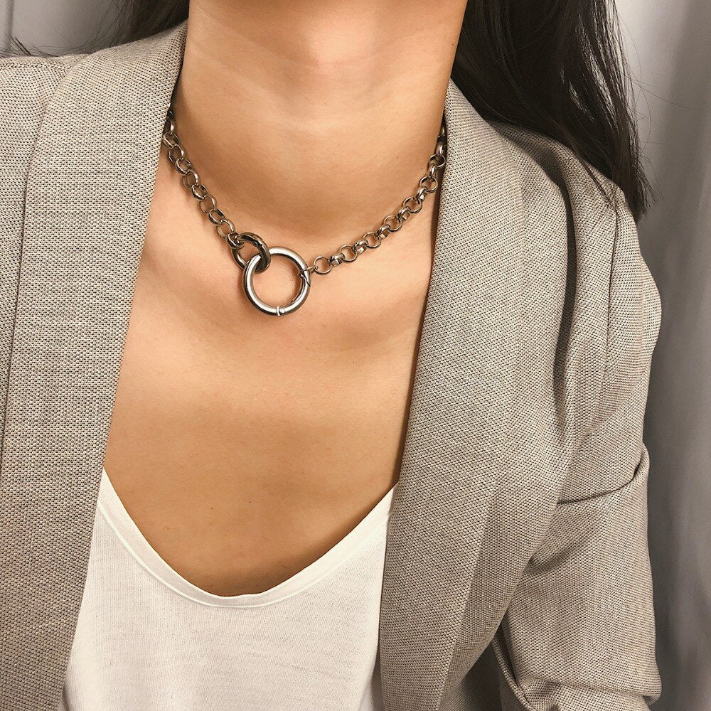 Ingemark Punk Miami Cuban Choker Necklace Hip Hop Jewelry 2021 Trendy Iron Thick Chain Circle Necklace Women Neck Accessories