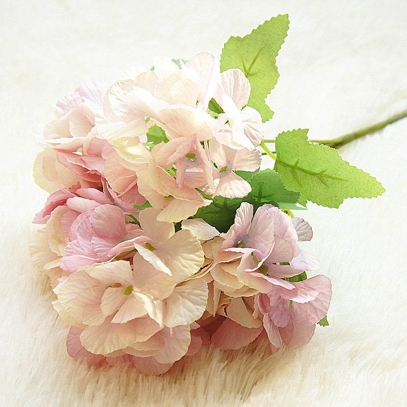 5 Head Hydrangea Artificial Flowers Bouquet White Small Silk Fake Flowers Floral Faux Flowers Blue Wedding Home Party Decoration