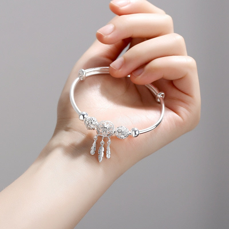 Adjustable Silver Color Dreamcatcher Tassel Feather Round Bead Charm Bracelet &Bangle For Women Elegant Jewelry sl209