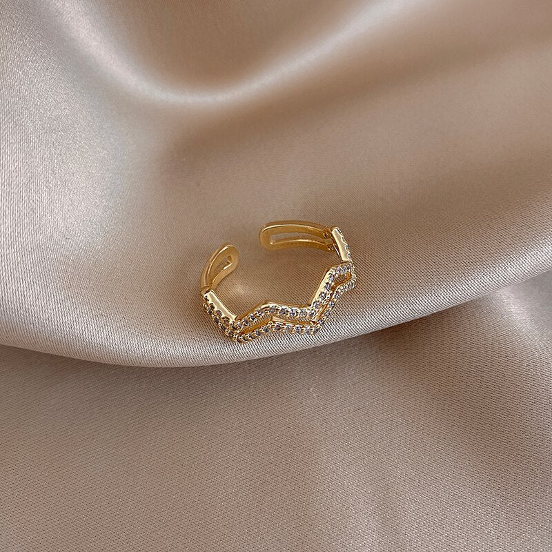 Design Feeling Double Wave Shape Zircon Gold Color Rings For Woman Luxury Korean Finger Jewelry Wedding Party Unusual Girls Ring