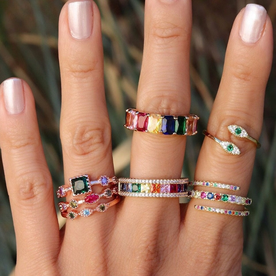 2021 New Hot Selling Gold Color Open Adjusted White Green Zirconia Paved Tiny Evil Eye Ring Girls Fashion Wrap Dainty CZ Jewelry