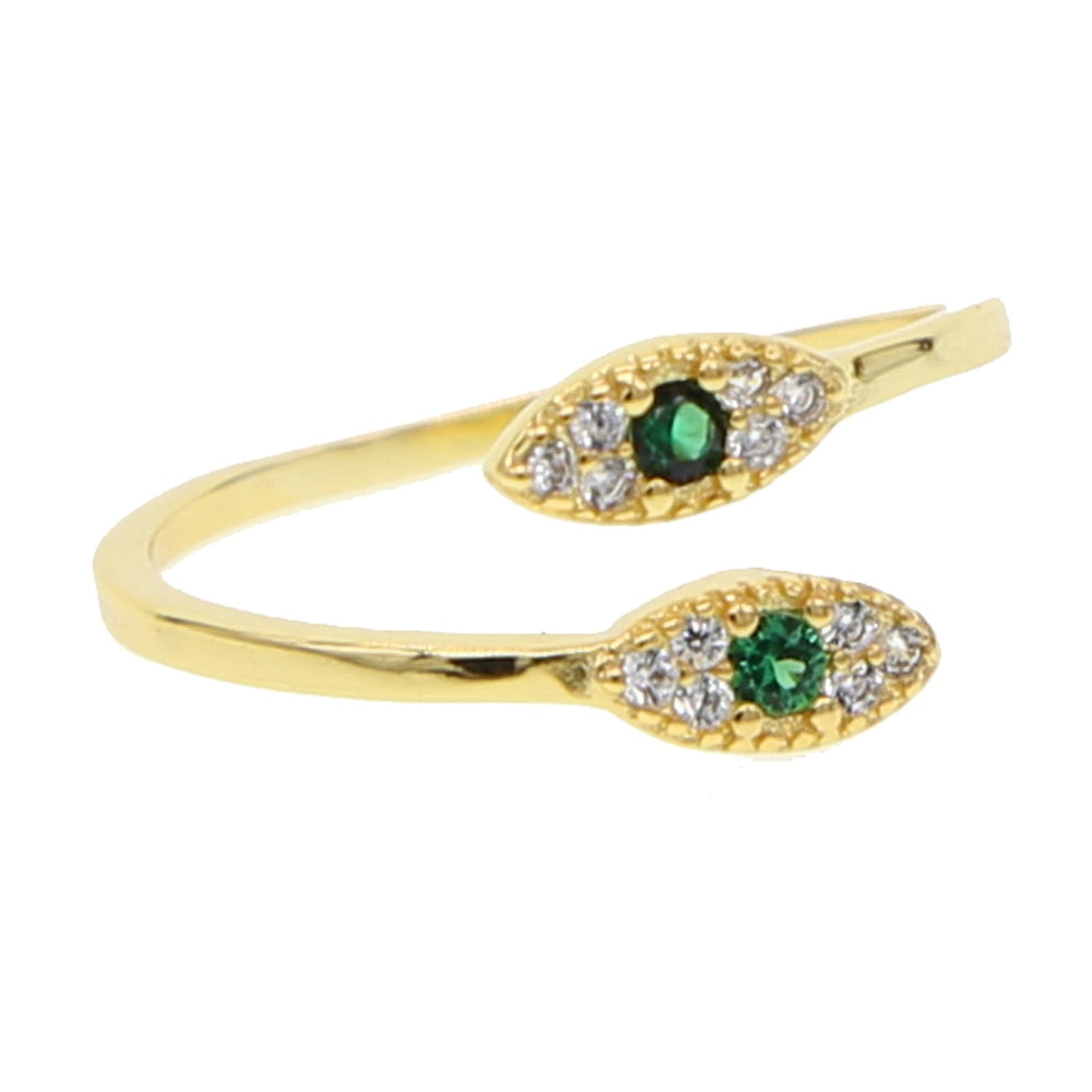 2021 New Hot Selling Gold Color Open Adjusted White Green Zirconia Paved Tiny Evil Eye Ring Girls Fashion Wrap Dainty CZ Jewelry
