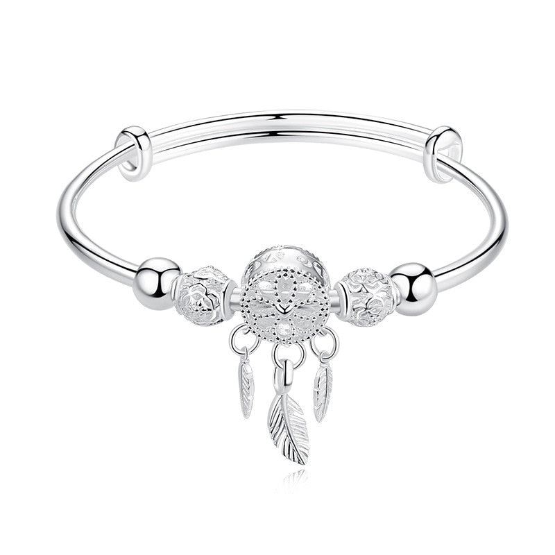 Adjustable Silver Color Dreamcatcher Tassel Feather Round Bead Charm Bracelet &Bangle For Women Elegant Jewelry sl209