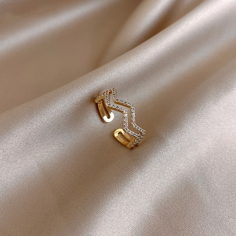 Design Feeling Double Wave Shape Zircon Gold Color Rings For Woman Luxury Korean Finger Jewelry Wedding Party Unusual Girls Ring
