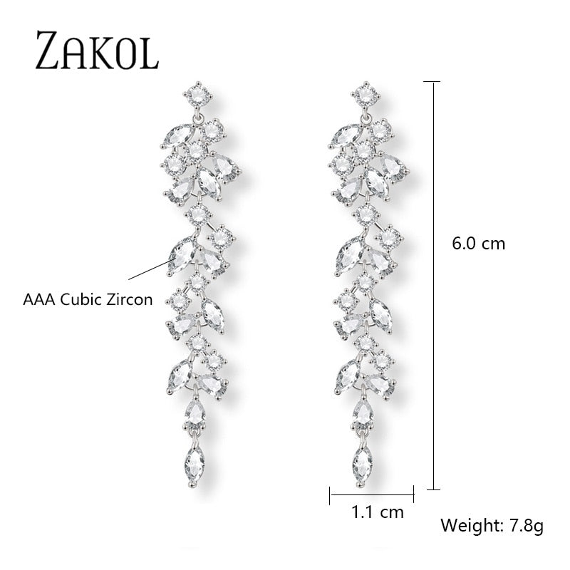 ZAKOL Fashion Leaf Zircon Wedding Earrings for Women White Gold Color Marquise Crystal Bridal Earring Party Jewelry Gift