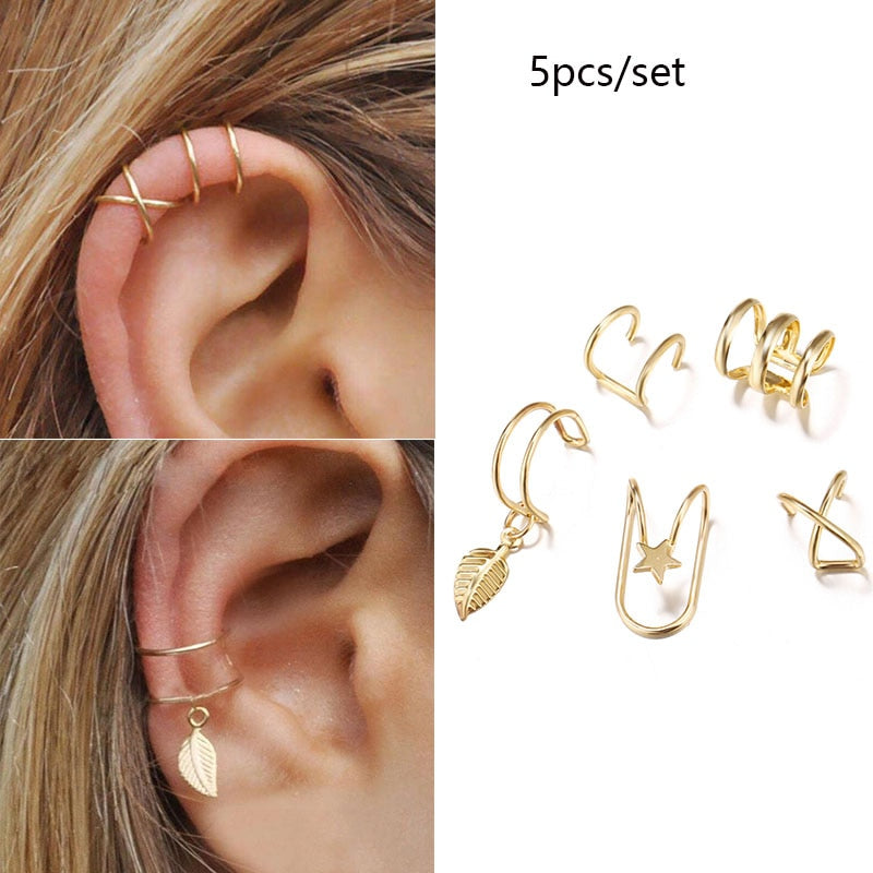 Silver Color Leaves Clip Earrings for Women Men Creative Simple C Ear Cuff Non-Piercing Ear Ear Clip Set Trend Jewelry Gift