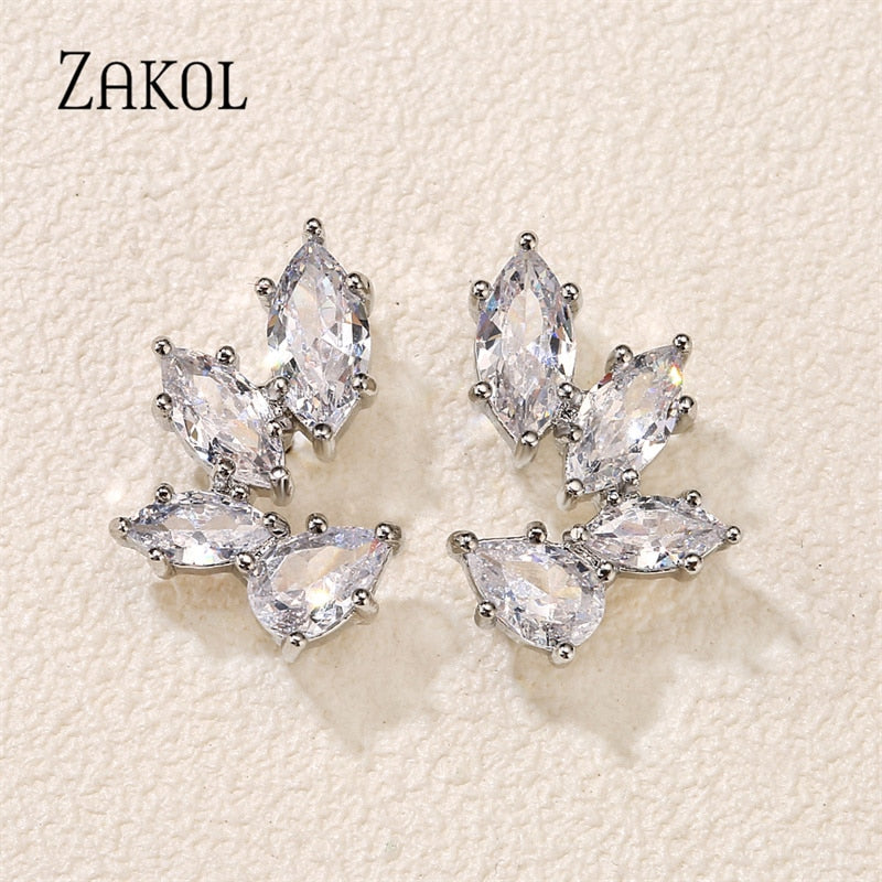 ZAKOL Fashion Leaf Zircon Wedding Earrings for Women White Gold Color Marquise Crystal Bridal Earring Party Jewelry Gift