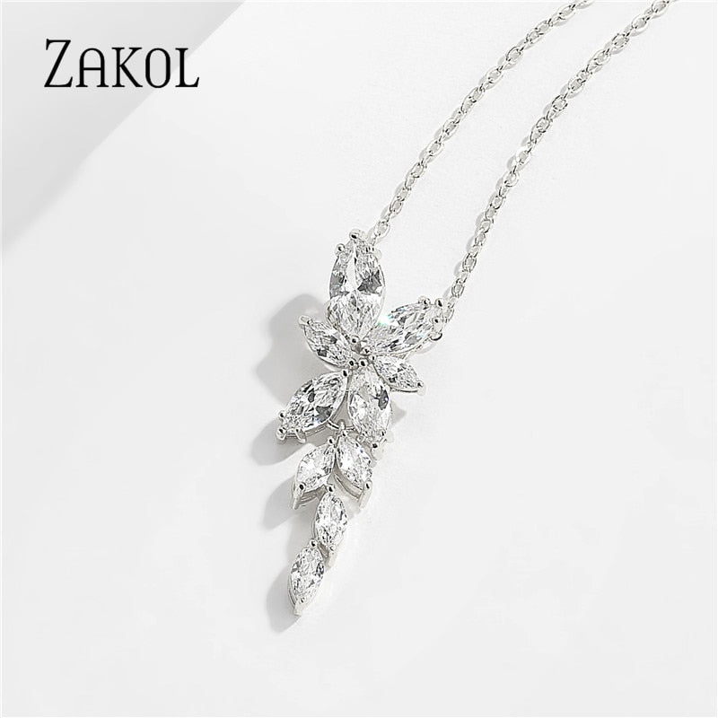 ZAKOL Fashion Leaf Zircon Wedding Earrings for Women White Gold Color Marquise Crystal Bridal Earring Party Jewelry Gift