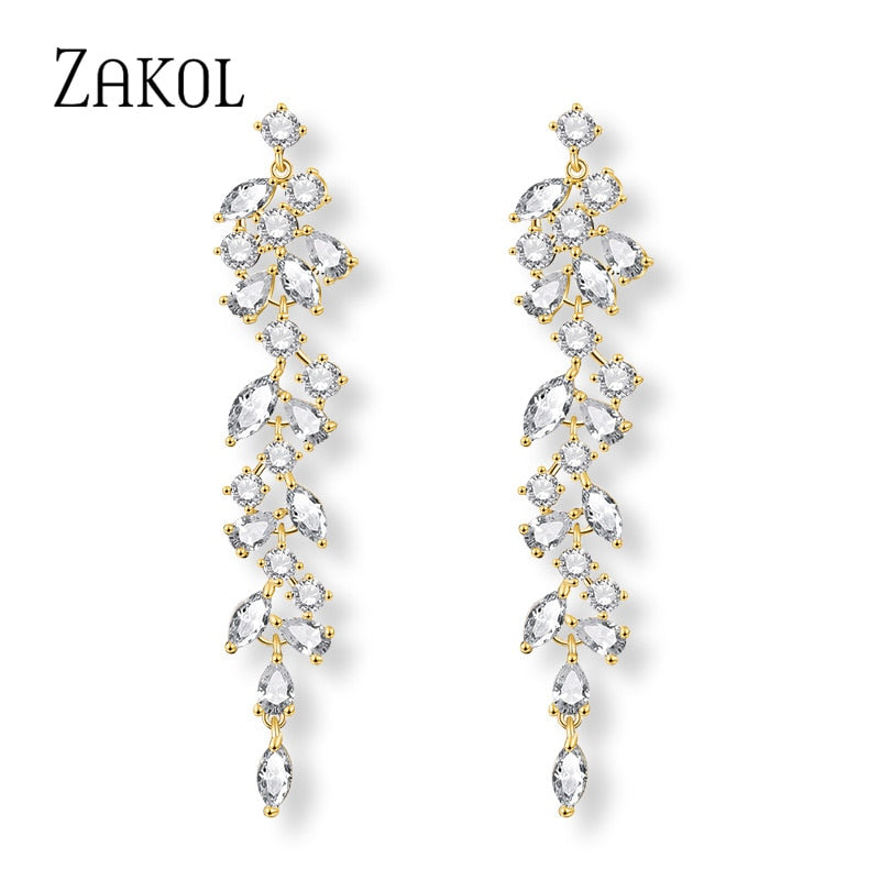 ZAKOL Fashion Leaf Zircon Wedding Earrings for Women White Gold Color Marquise Crystal Bridal Earring Party Jewelry Gift