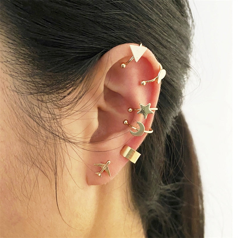 Silver Color Leaves Clip Earrings for Women Men Creative Simple C Ear Cuff Non-Piercing Ear Ear Clip Set Trend Jewelry Gift
