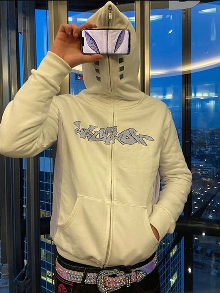 Y2K Full Zip Hoodies Hip Hop Graphic Print Hooded Sweatshirts Streetwear Harajuku Goth Oversized Winter Men Jackets Coat Clothes