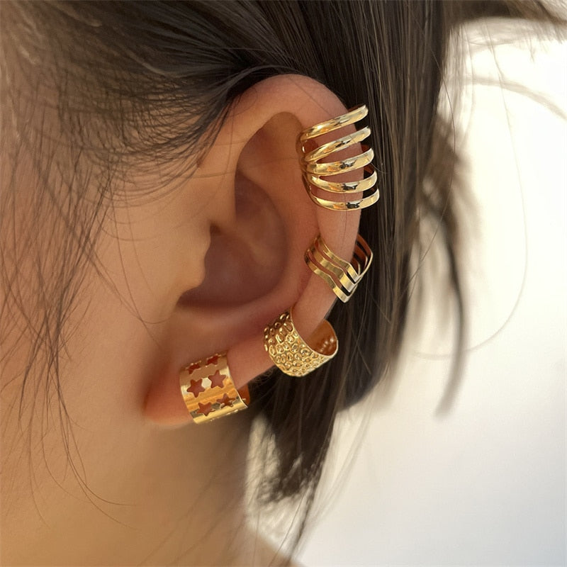 Silver Color Leaves Clip Earrings for Women Men Creative Simple C Ear Cuff Non-Piercing Ear Ear Clip Set Trend Jewelry Gift