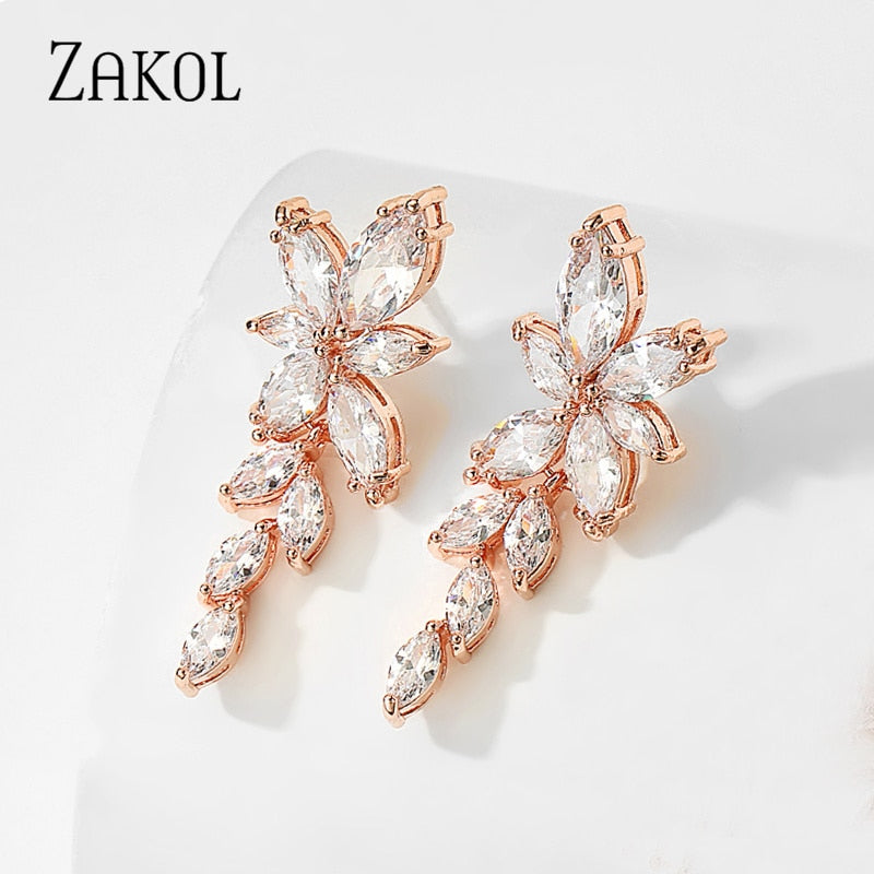 ZAKOL Fashion Leaf Zircon Wedding Earrings for Women White Gold Color Marquise Crystal Bridal Earring Party Jewelry Gift