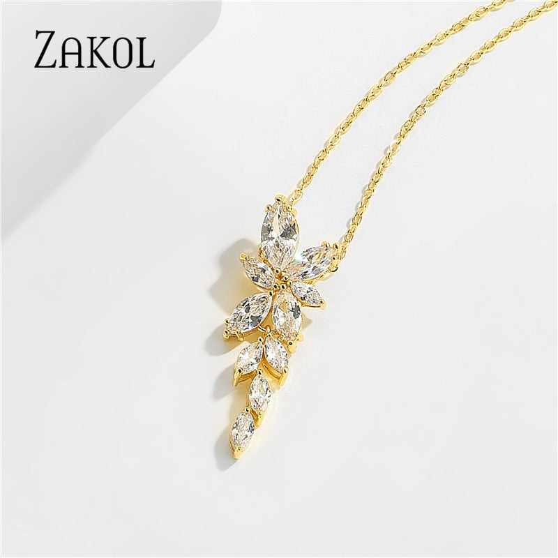 ZAKOL Fashion Leaf Zircon Wedding Earrings for Women White Gold Color Marquise Crystal Bridal Earring Party Jewelry Gift