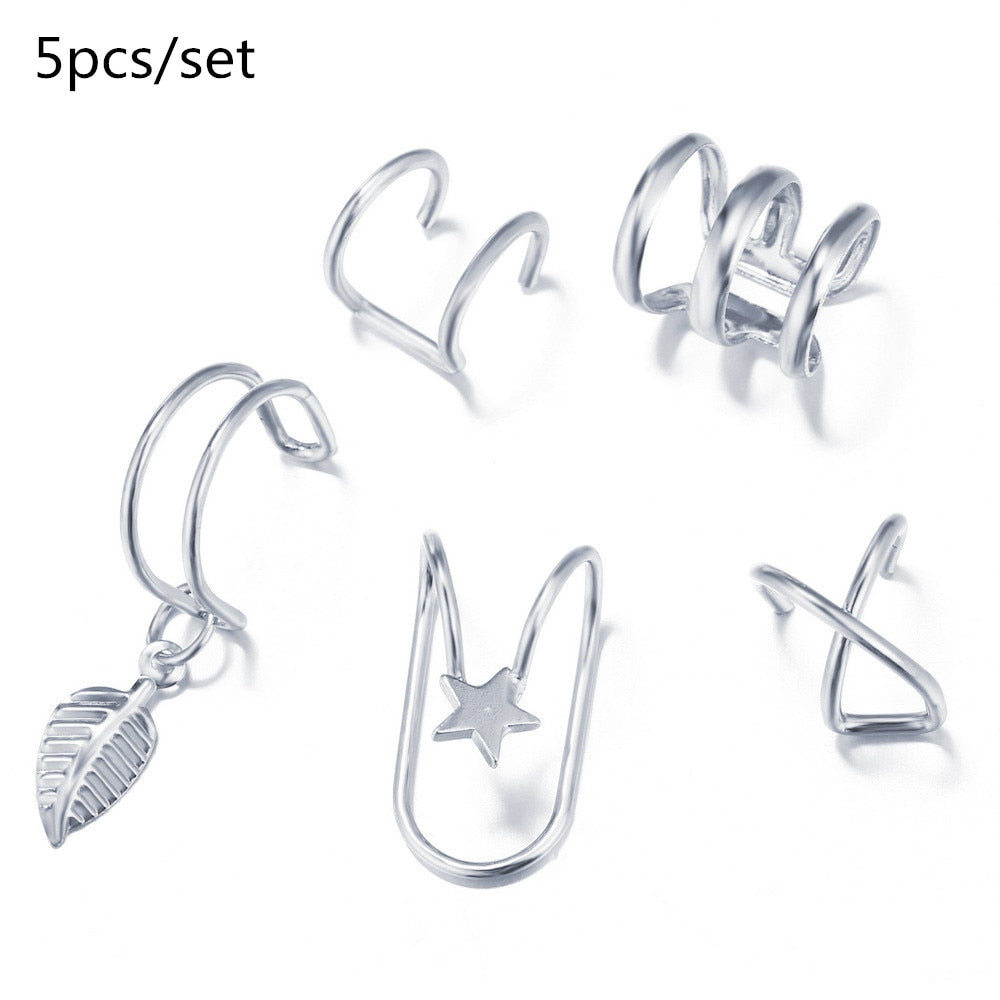 Silver Color Leaves Clip Earrings for Women Men Creative Simple C Ear Cuff Non-Piercing Ear Ear Clip Set Trend Jewelry Gift