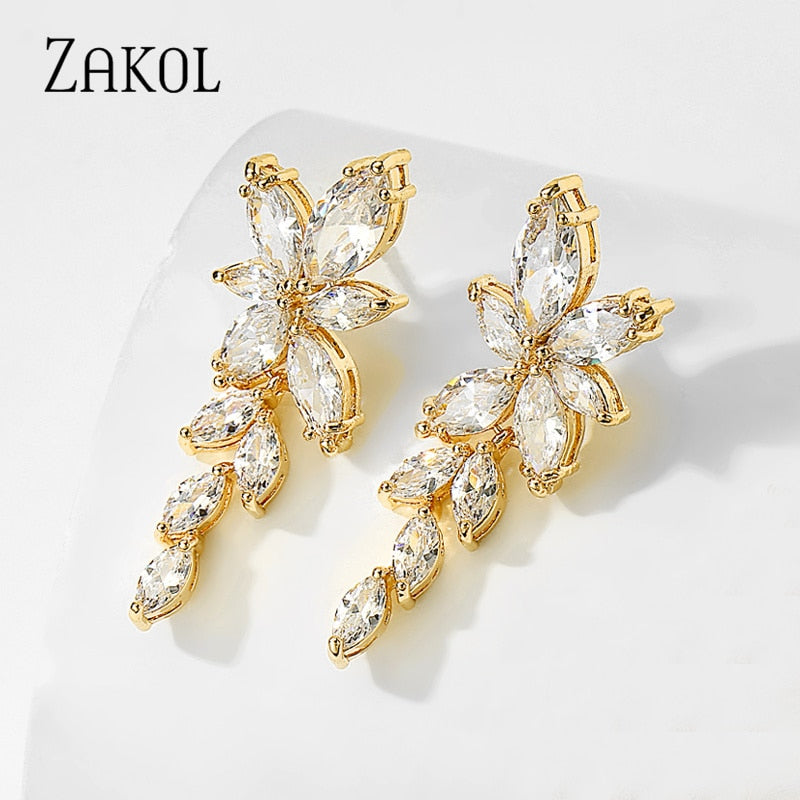 ZAKOL Fashion Leaf Zircon Wedding Earrings for Women White Gold Color Marquise Crystal Bridal Earring Party Jewelry Gift