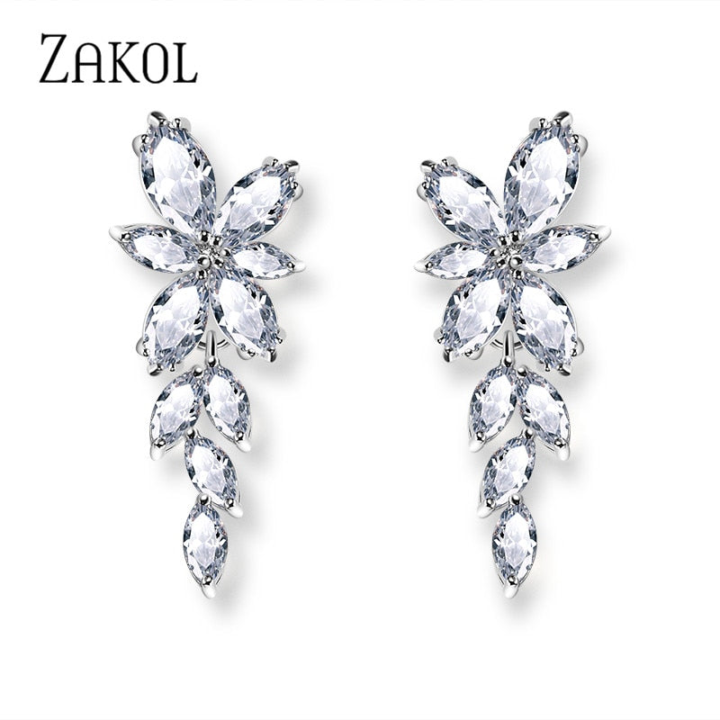 ZAKOL Fashion Leaf Zircon Wedding Earrings for Women White Gold Color Marquise Crystal Bridal Earring Party Jewelry Gift