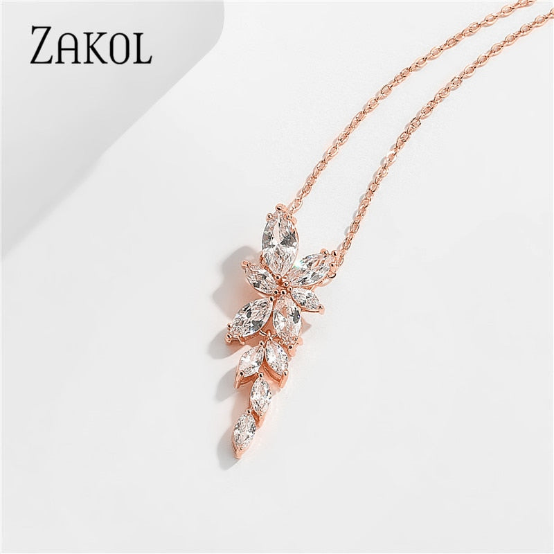 ZAKOL Fashion Leaf Zircon Wedding Earrings for Women White Gold Color Marquise Crystal Bridal Earring Party Jewelry Gift