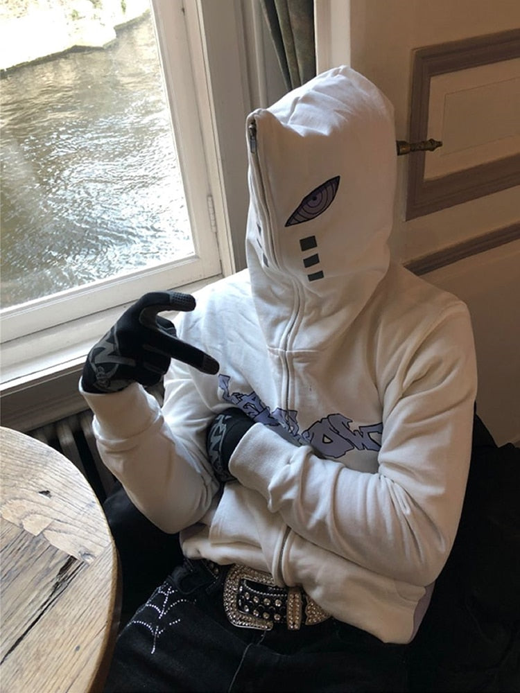 Y2K Full Zip Hoodies Hip Hop Graphic Print Hooded Sweatshirts Streetwear Harajuku Goth Oversized Winter Men Jackets Coat Clothes