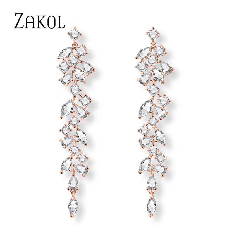 ZAKOL Fashion Leaf Zircon Wedding Earrings for Women White Gold Color Marquise Crystal Bridal Earring Party Jewelry Gift