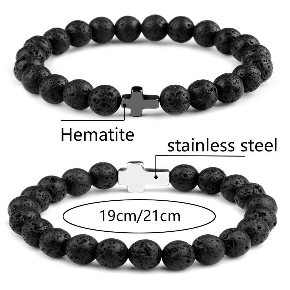 Natural Stone Hematite Stainless Steel Cross Bracelets Elastic Rope Map Lava Bead Bracelet For Men Women Charm Jewelry