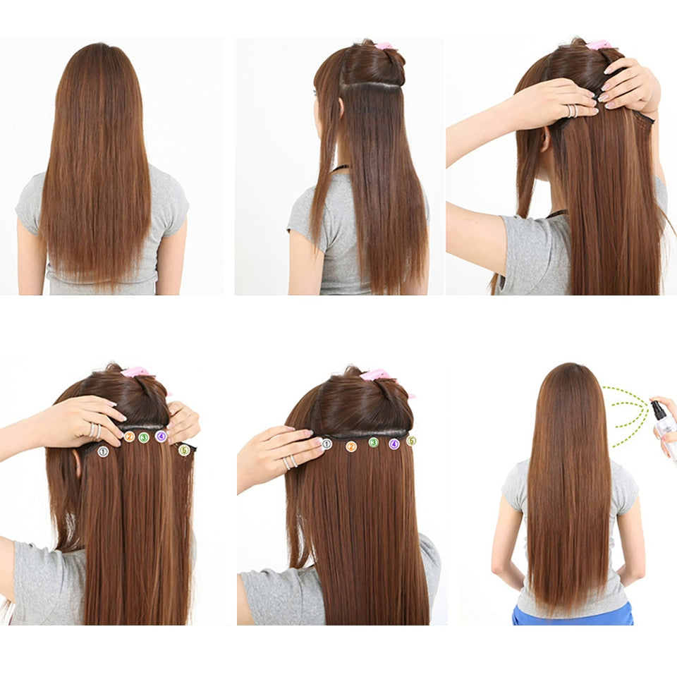 DIFEI Synthetic 24 Inch 5 Clip Long curly Women Clip in Hair Extensions Black Brown High Tempreture Hair Piece