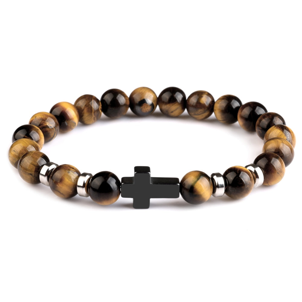 Natural Stone Hematite Stainless Steel Cross Bracelets Elastic Rope Map Lava Bead Bracelet For Men Women Charm Jewelry