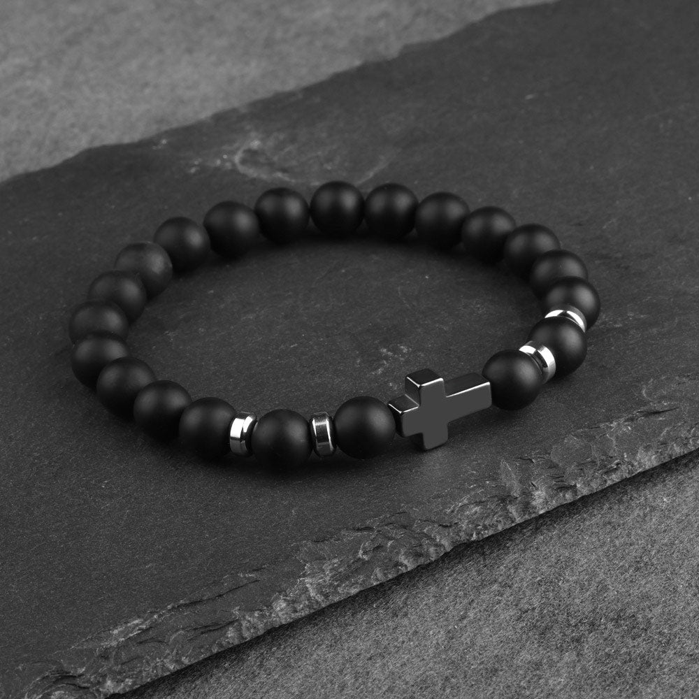 Natural Stone Hematite Stainless Steel Cross Bracelets Elastic Rope Map Lava Bead Bracelet For Men Women Charm Jewelry