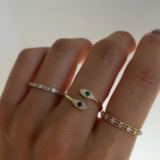 2021 New Hot Selling Gold Color Open Adjusted White Green Zirconia Paved Tiny Evil Eye Ring Girls Fashion Wrap Dainty CZ Jewelry