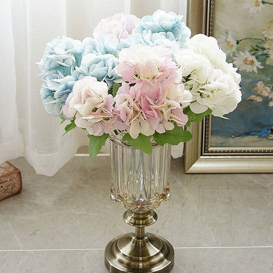 5 Head Hydrangea Artificial Flowers Bouquet White Small Silk Fake Flowers Floral Faux Flowers Blue Wedding Home Party Decoration