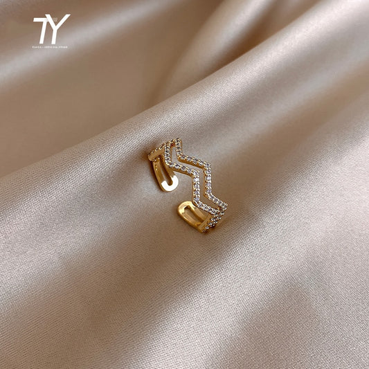 Design Feeling Double Wave Shape Zircon Gold Color Rings For Woman Luxury Korean Finger Jewelry Wedding Party Unusual Girls Ring